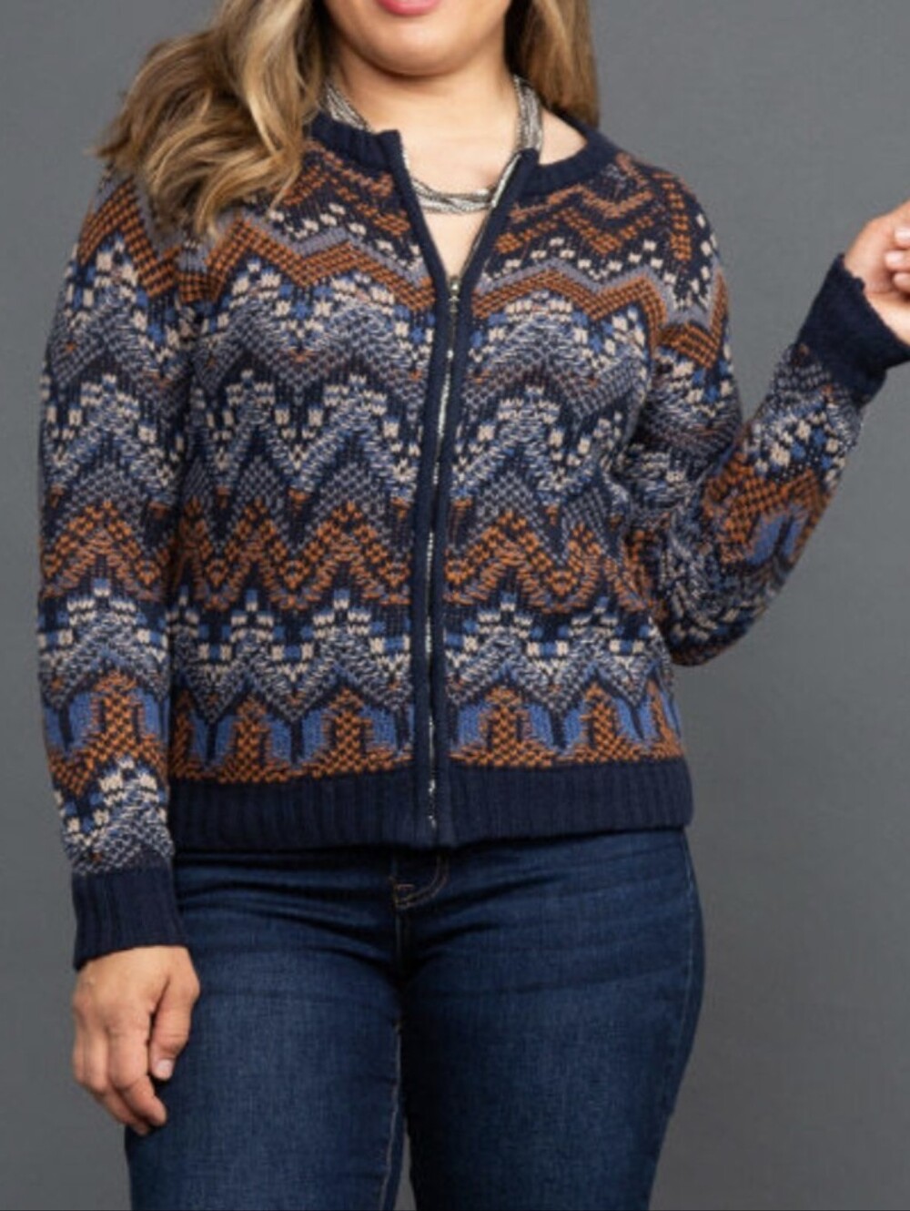 Papillion Navy Fair Isle Zip-Front Women's knit cardigan Sweater Size Large